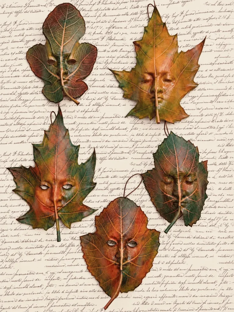 Five leaf-shaped masks with faces in autumn colours, handmade by Alice Masks, Florence