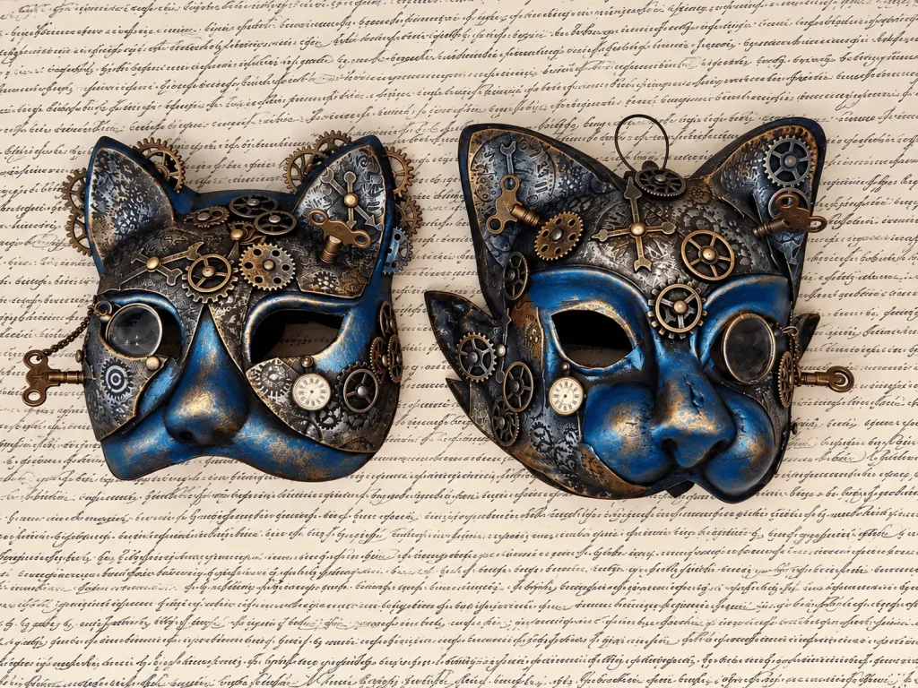 Two blue steampunk cat masks with gears, handmade by Alice Masks, Florence