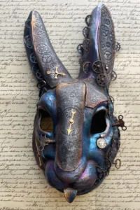 Blue steampunk rabbit mask alice masks florence Blue steampunk rabbit mask, handmade papier-mâché by Alice Masks, Florence