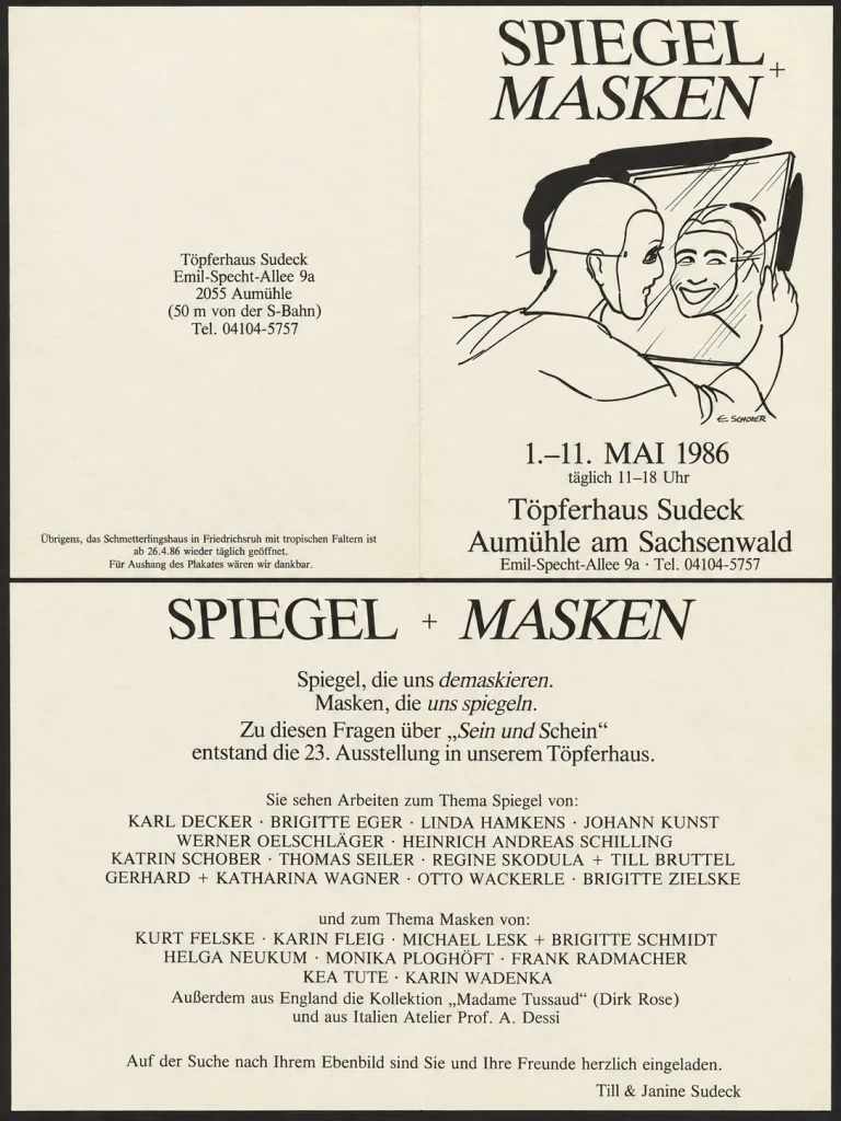 Poster of the exhibition Spiegel + Masken, Töpferhaus Sudeck, Aumühle, May 1986