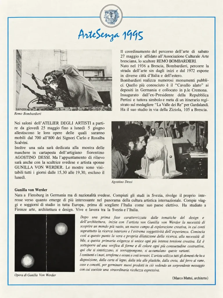 ArteSenza 1995 programme, page on the exhibition at the Atelier degli Artisti in Brescia