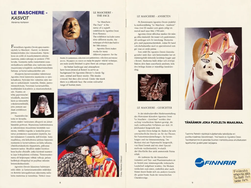 Magazine pages on the exhibition Le Maschere – Kasvot at Retretti, Finland 1994