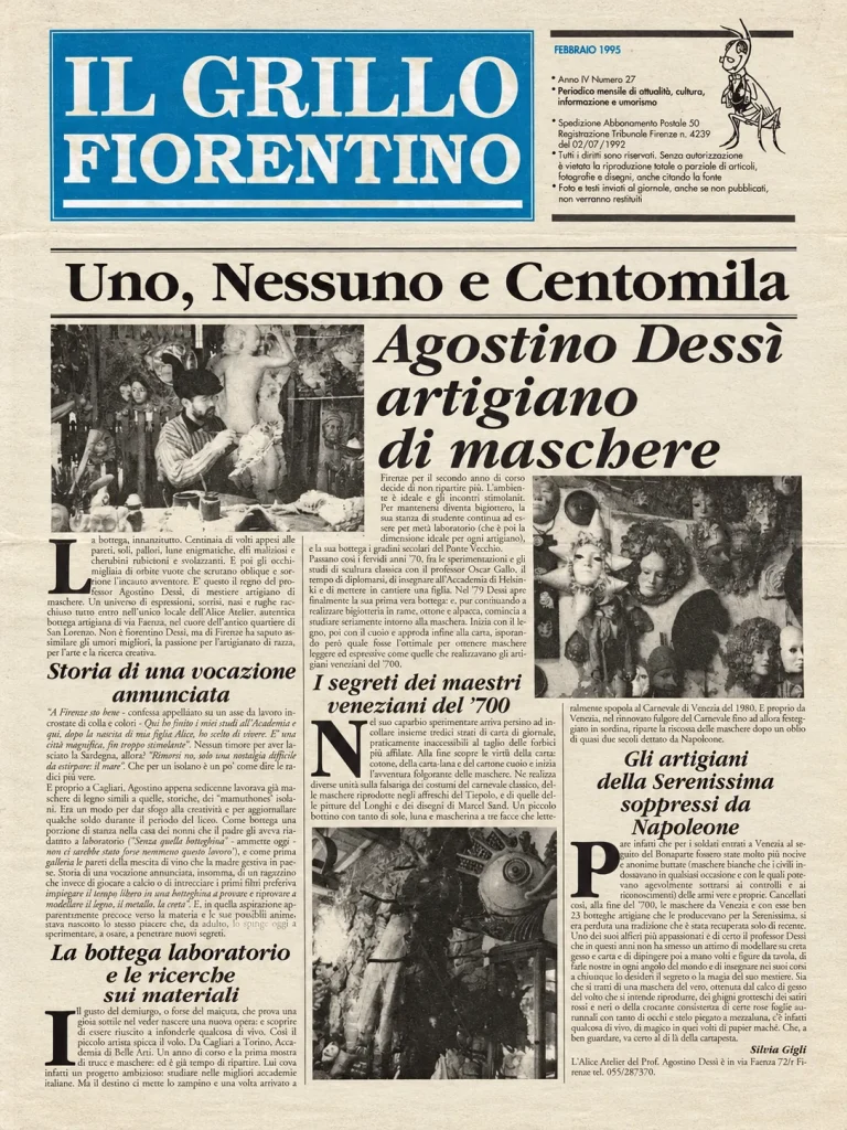 Front page of Il Grillo Fiorentino with the article on Agostino Dessì, mask maker