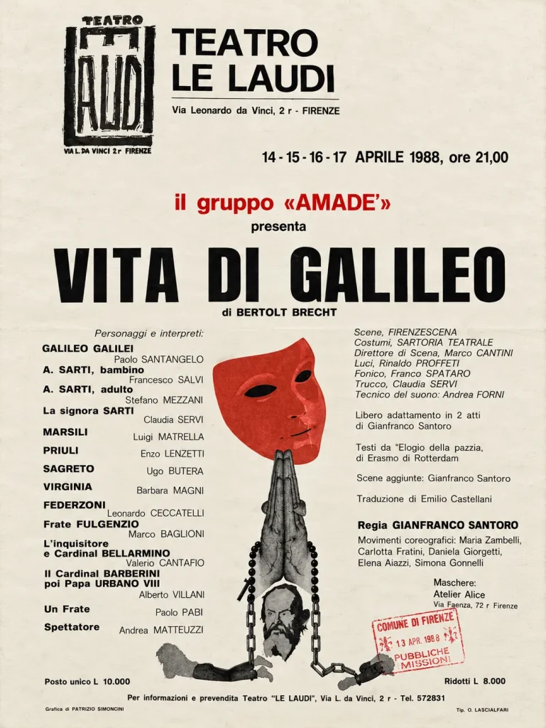 Poster of Vita di Galileo by Bertolt Brecht, Teatro Le Laudi, April 1988, masks by Atelier Alice