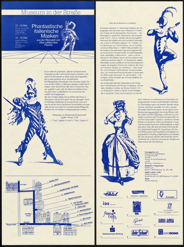 Leaflet of Museum in der Straße, Phantastische italienische Masken from the workshop of Alice Le Maschere, May 1984