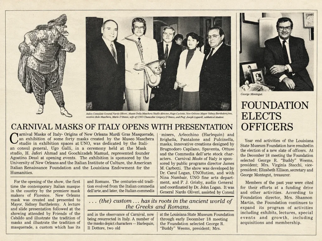 Newspaper article Carnival Masks of Italy opens with presentation, New Orleans 1988