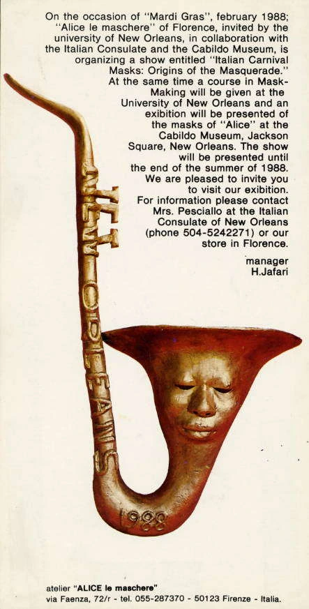 Invitation with a papier-mâché saxophone mask reading New Orleans 1988