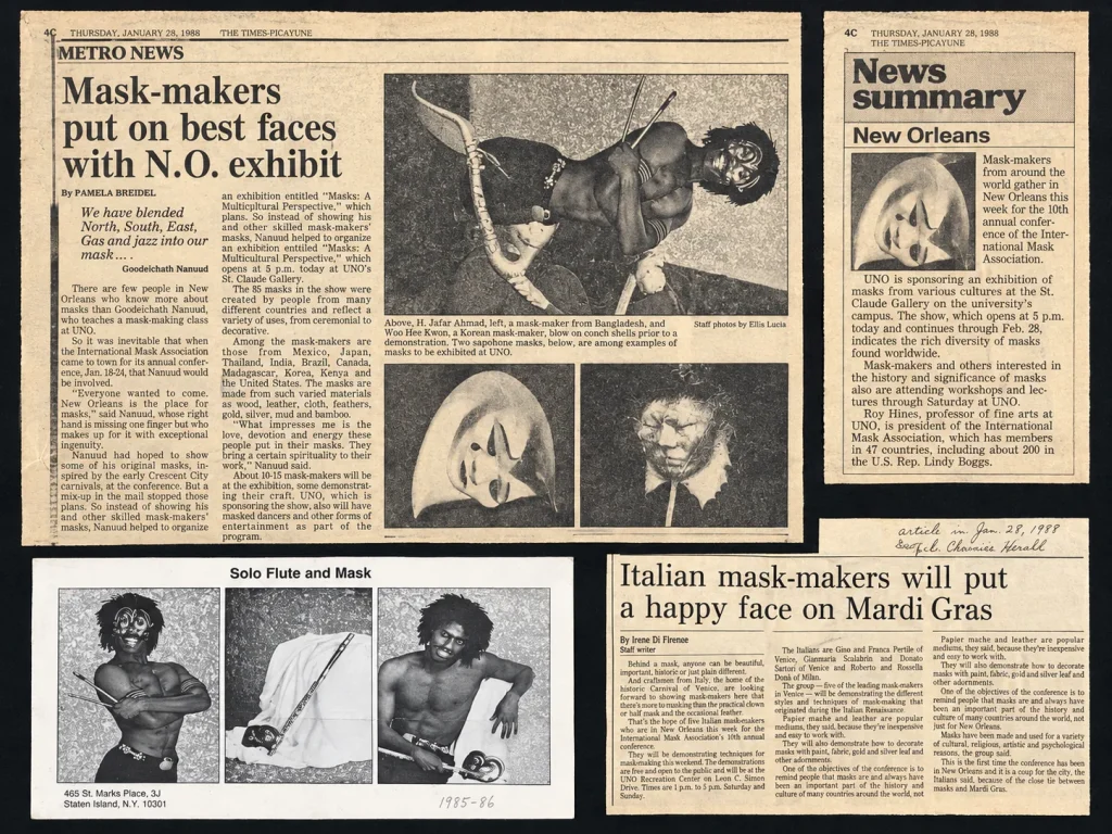 Clippings from The Times-Picayune on the mask exhibitions in New Orleans, January 1988