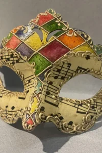 Harlequin sheet music half mask alice masks florence Harlequin half mask decorated with sheet music, handmade papier-mâché by Alice Masks, Florence