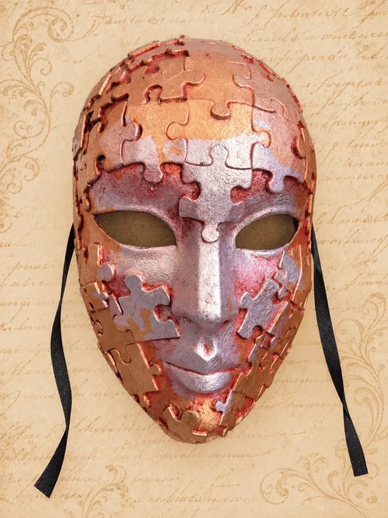 Full face mask made of puzzle pieces in copper and pink, handmade by Alice Masks, Florence
